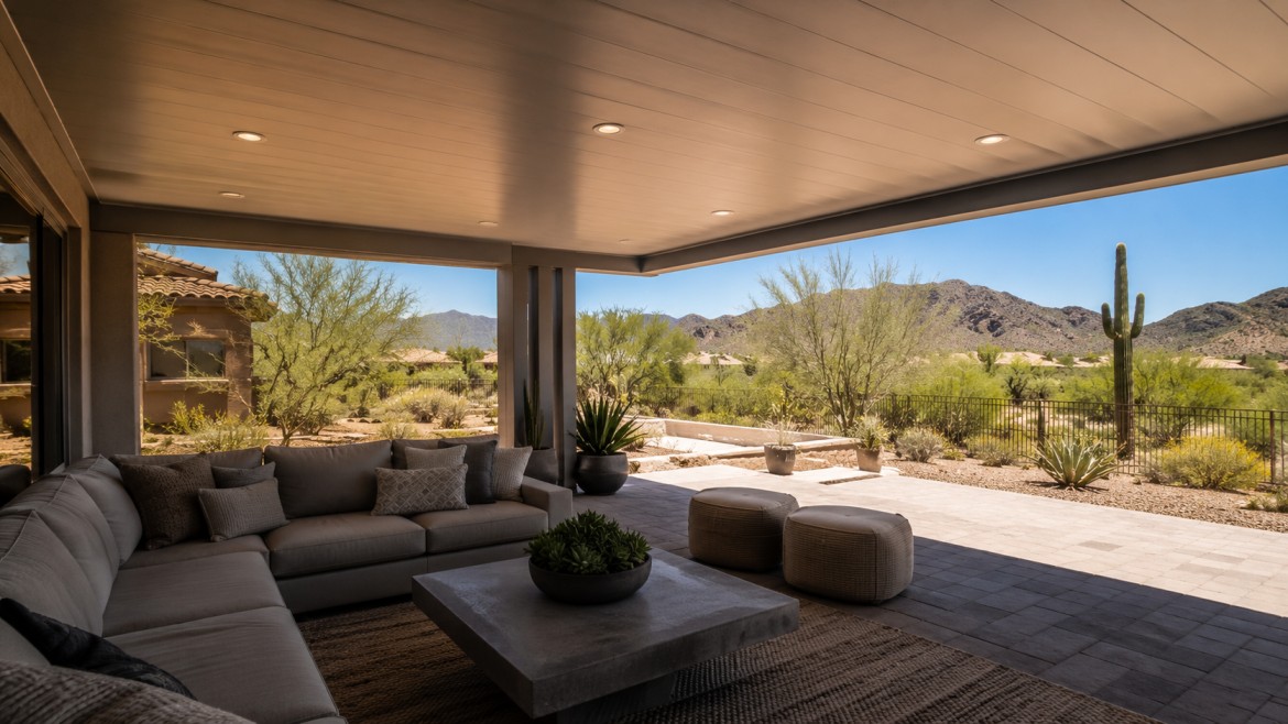 Insulated aluminum patio cover with recessed lighting over a shaded outdoor seating area