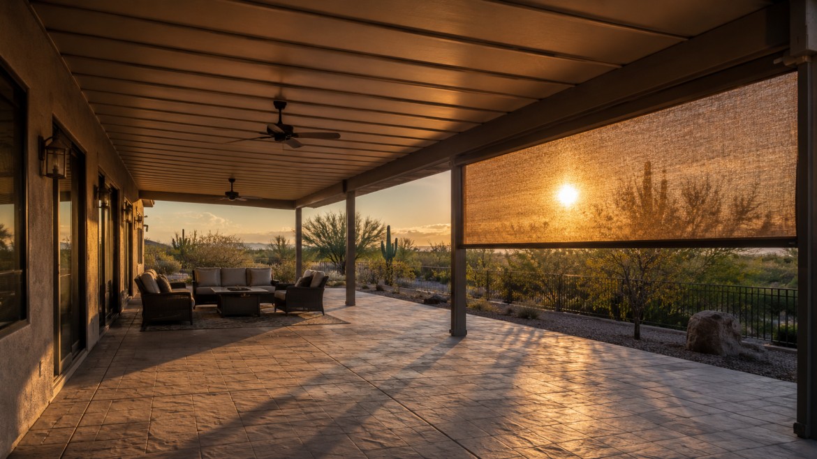 Deep-projection patio cover with ceiling fans and a drop screen shading a west-facing Arizona patio