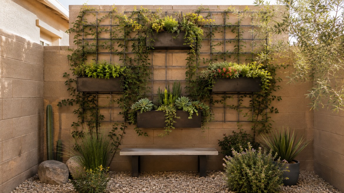 Vertical trellis and layered planters along a block wall making a narrow Arizona backyard feel taller