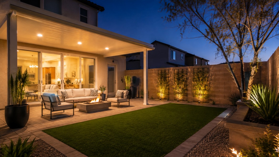 Finished small backyard covered patio with integrated lighting glowing at dusk in Arizona
