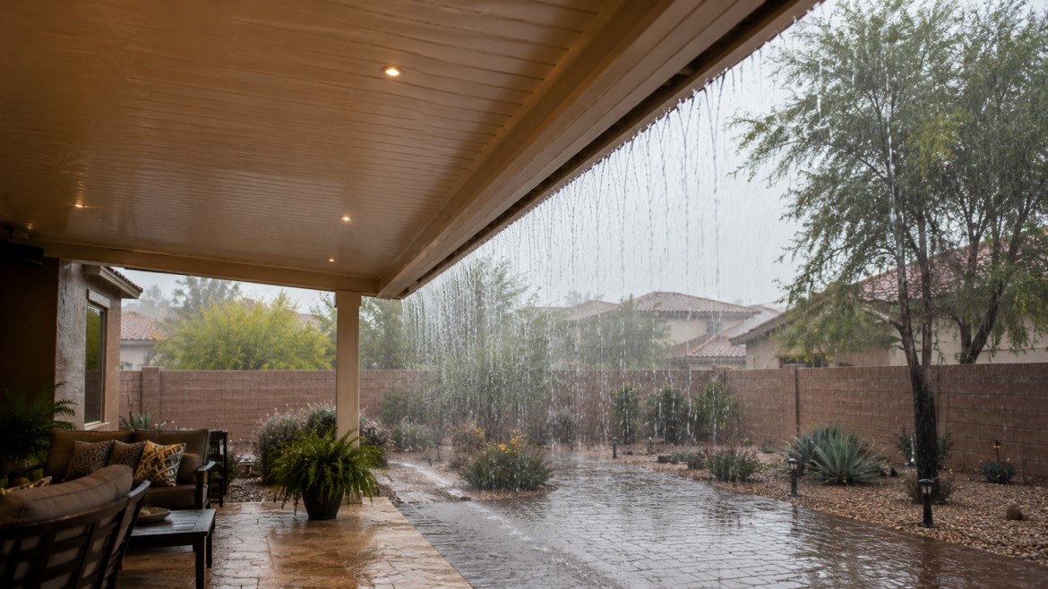 Heavy monsoon rain running off the edge of an insulated aluminum patio cover