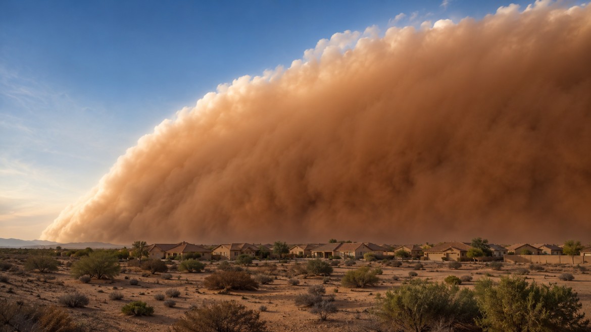Haboob dust wall advancing over an Arizona suburb during monsoon season