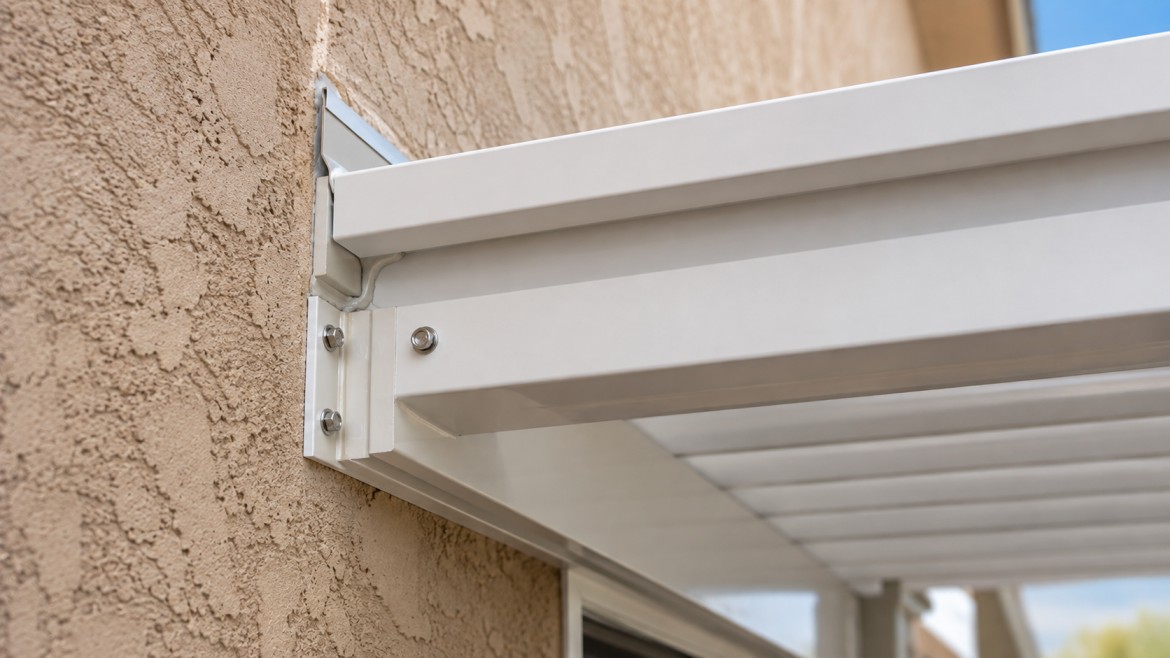 Close view of the flashed ledger connection where an aluminum patio cover meets a stucco wall