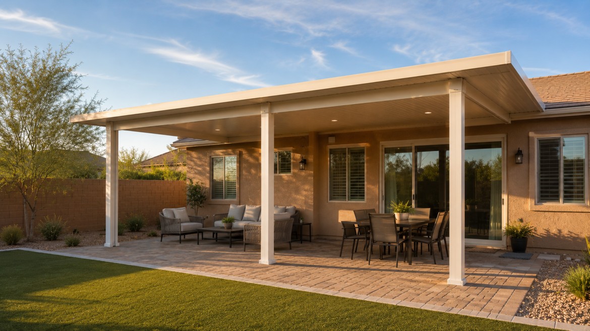 Completed and permitted aluminum patio cover over a finished Arizona backyard patio