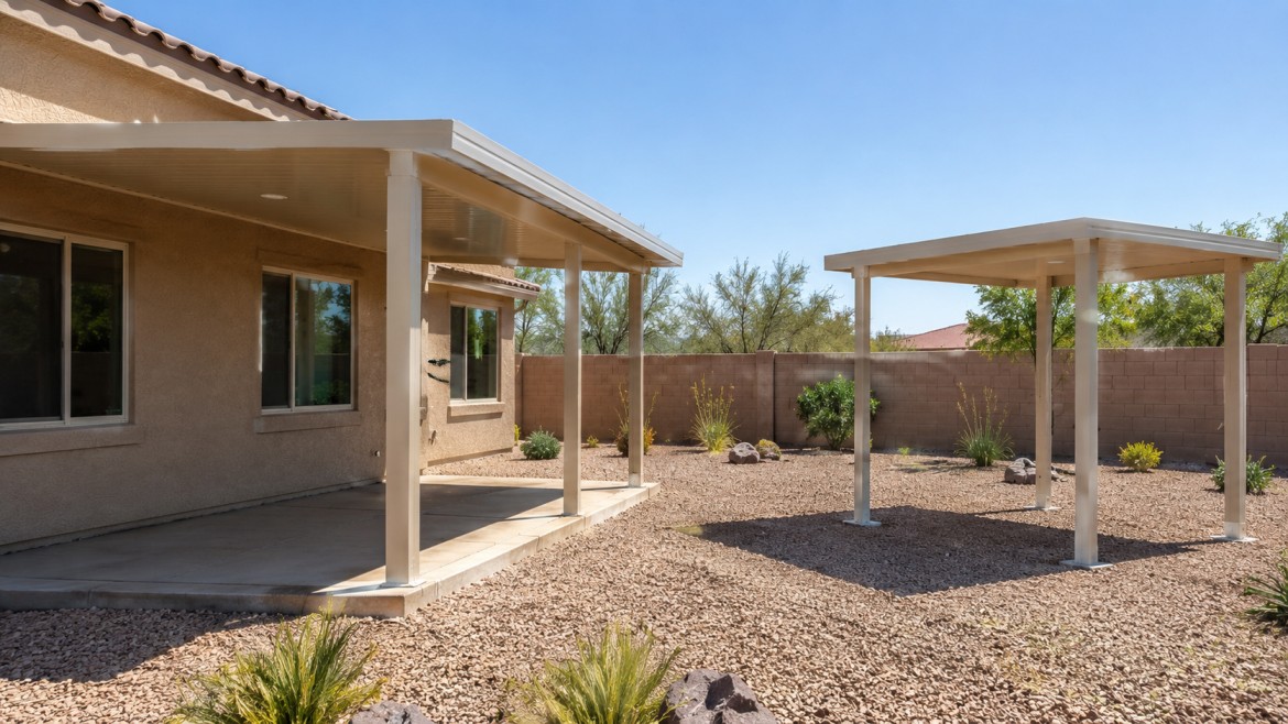 Attached patio cover on a house beside a separate freestanding cover in the same Arizona backyard