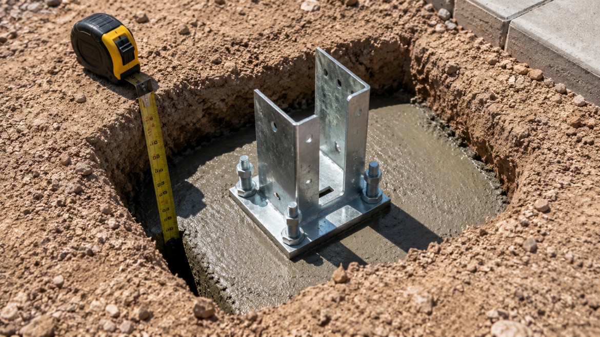 Concrete footing and steel post base for a patio cover before the slab is poured