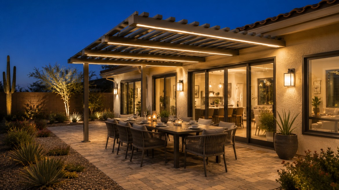 Attached aluminum pergola with integrated lighting over an outdoor dining table at dusk
