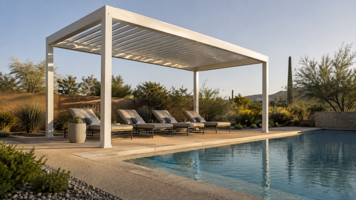 Louvered aluminum pergola with partially open blades beside a backyard pool