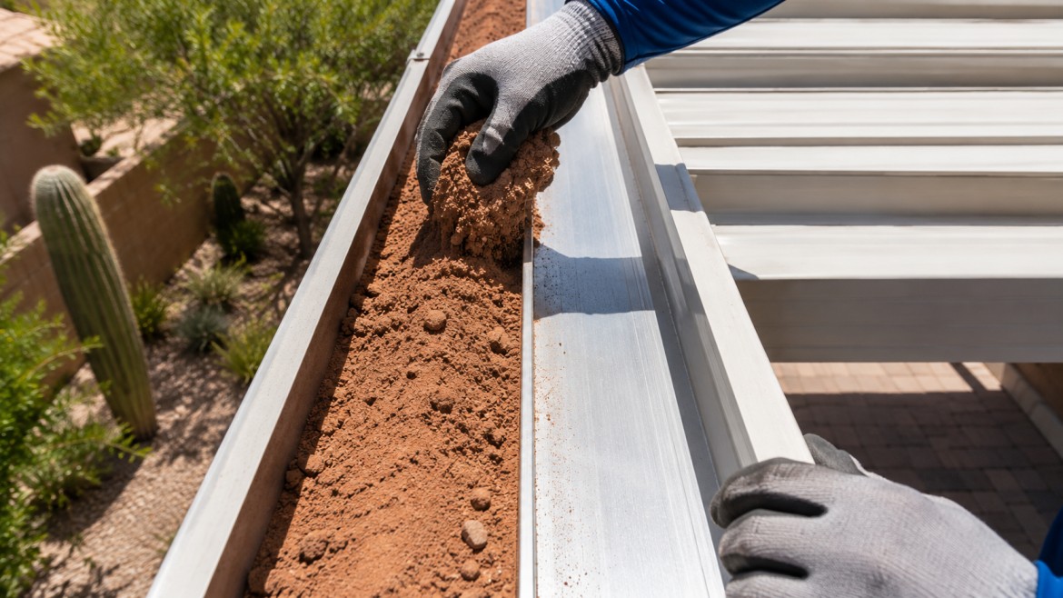 Gloved hands clearing monsoon dust silt from an aluminum patio cover gutter