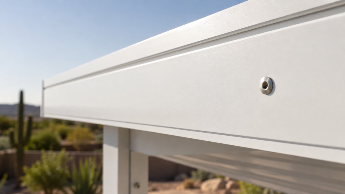 Close view of a clean powder-coated aluminum patio cover beam showing an intact finish