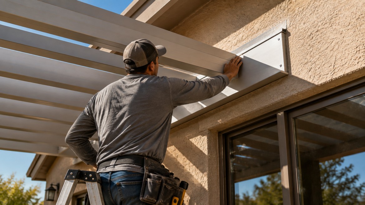 Contractor checking the ledger connection where a patio cover attaches to a stucco wall