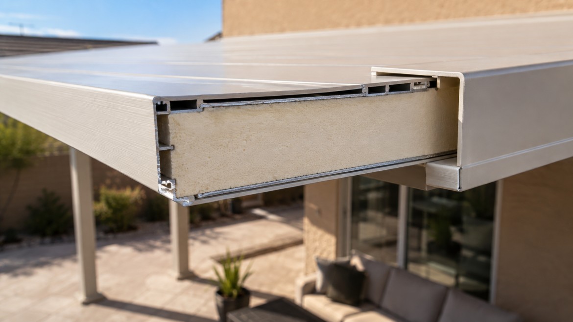 Cut edge of an insulated aluminum patio cover panel showing the foam core between skins