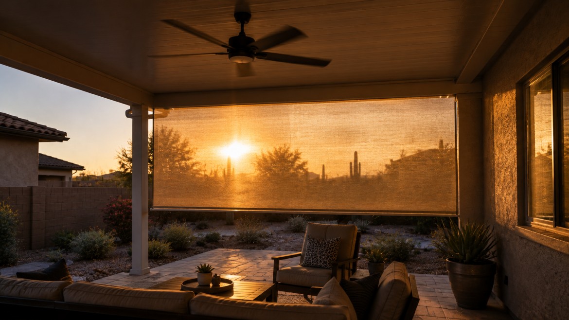Covered patio with ceiling fan and lowered drop screen blocking low afternoon sun