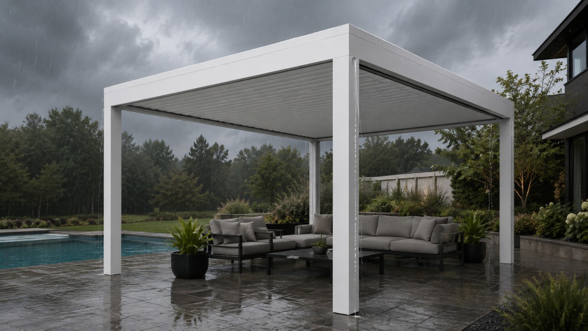 Louvered pergola with blades fully closed shedding rain into integrated gutters