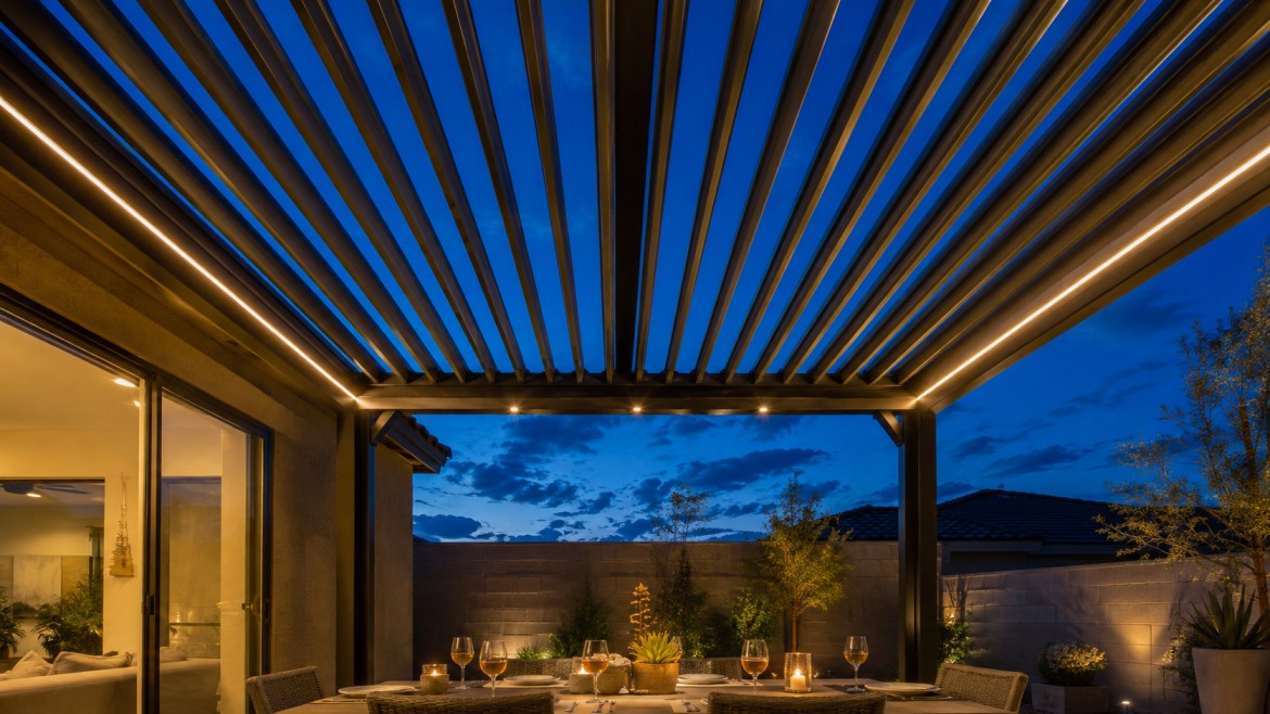 Louvered pergola with blades fully open over an outdoor dining setting at dusk