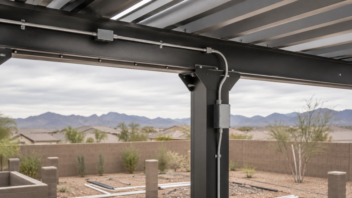 Electrical conduit routed inside a patio cover post during solar rough-in
