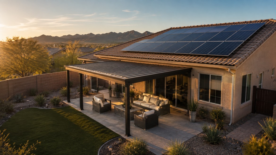 Arizona home with solar panels on the house roof and a separate shaded patio structure below
