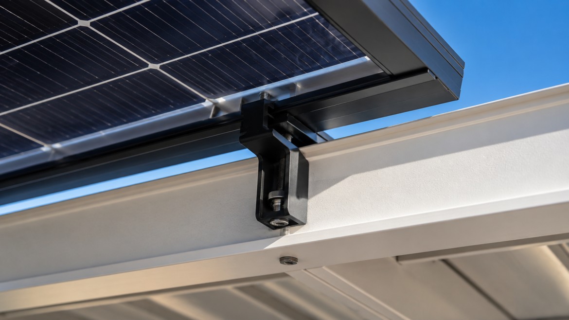 Rail mounting system attaching a solar panel to an aluminum patio cover beam