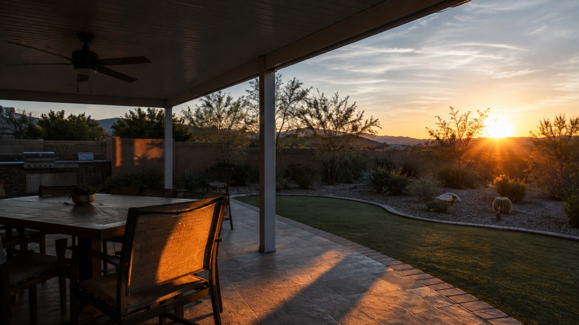 Late afternoon sun reaching under a patio cover onto seating that was shaded at midday