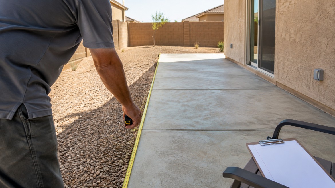 Contractor measuring an Arizona backyard patio during a design consultation