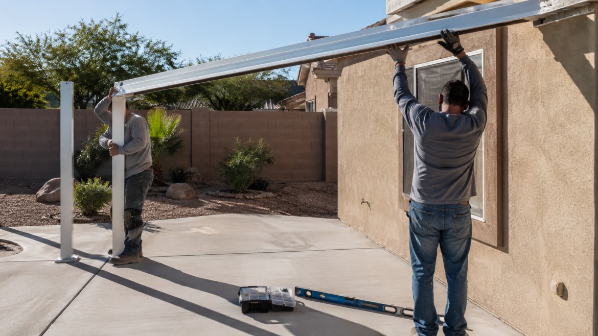 Professional crew lifting and setting a structural beam on a patio cover installation