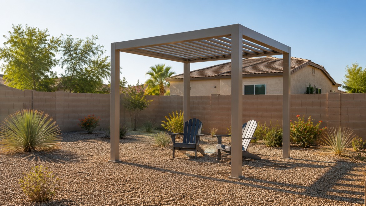 Small freestanding shade structure standing away from the house in an Arizona yard