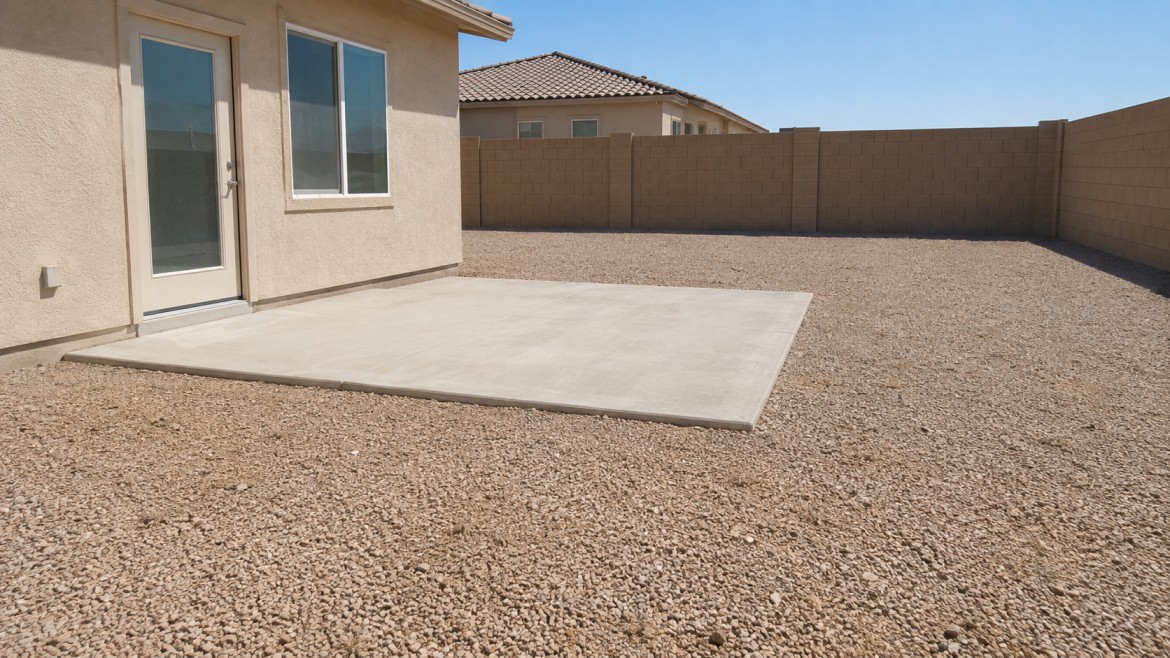 Empty concrete slab and gravel yard behind an Arizona home before an outdoor living build