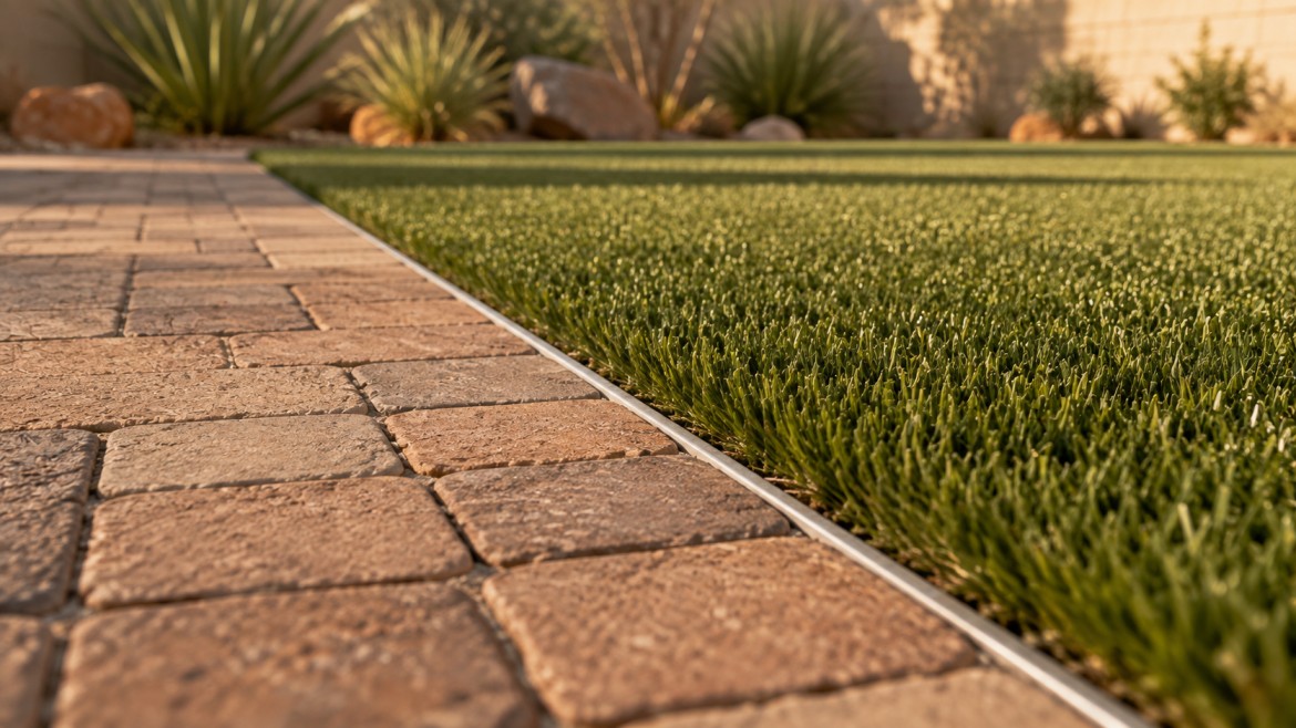 Clean material transition between a paver patio zone and an artificial turf zone