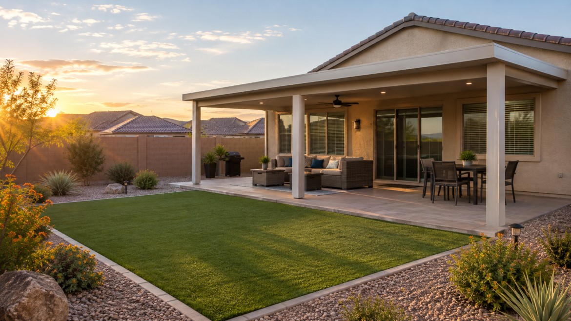 Approved patio cover blending seamlessly with the home and neighbouring rooflines Approved patio cover blending seamlessly with the home and neighbouring rooflines
