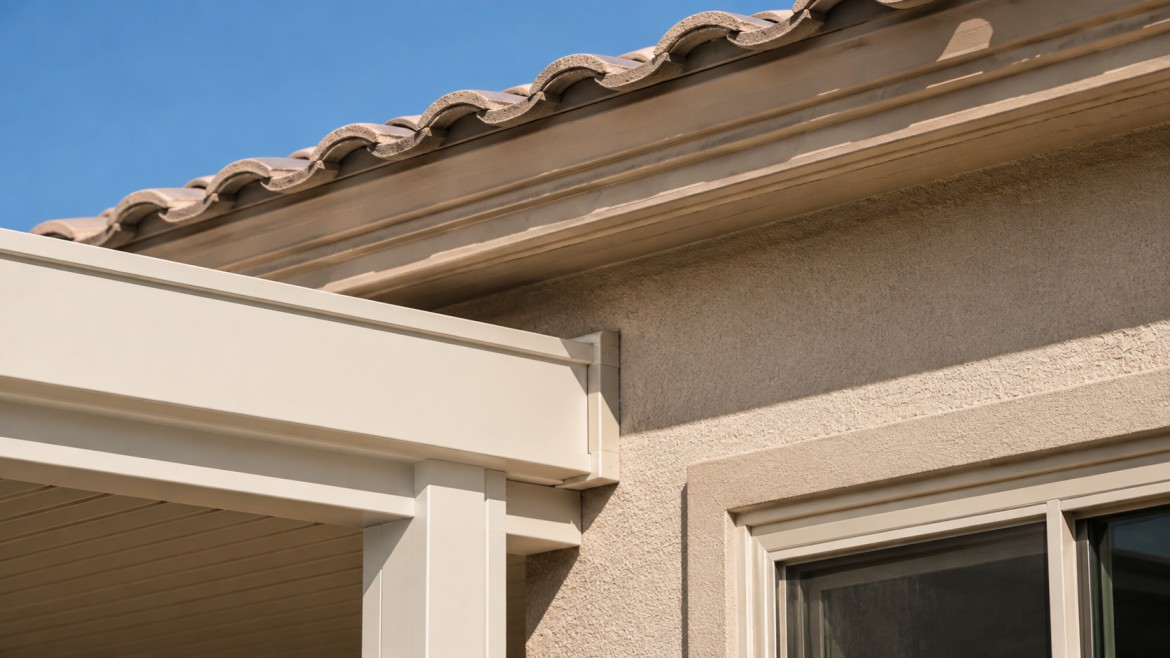 Patio cover fascia matched to a home stucco and trim colour in a governed community Patio cover fascia matched to a home stucco and trim colour in a governed community