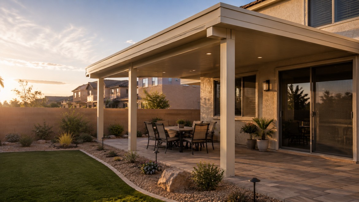 Aluminum patio cover designed to match an Arizona home's architecture