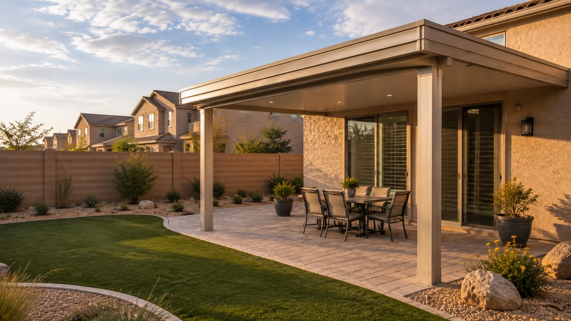 Arizona planned-community backyard with a newly proposed-looking aluminum patio cover