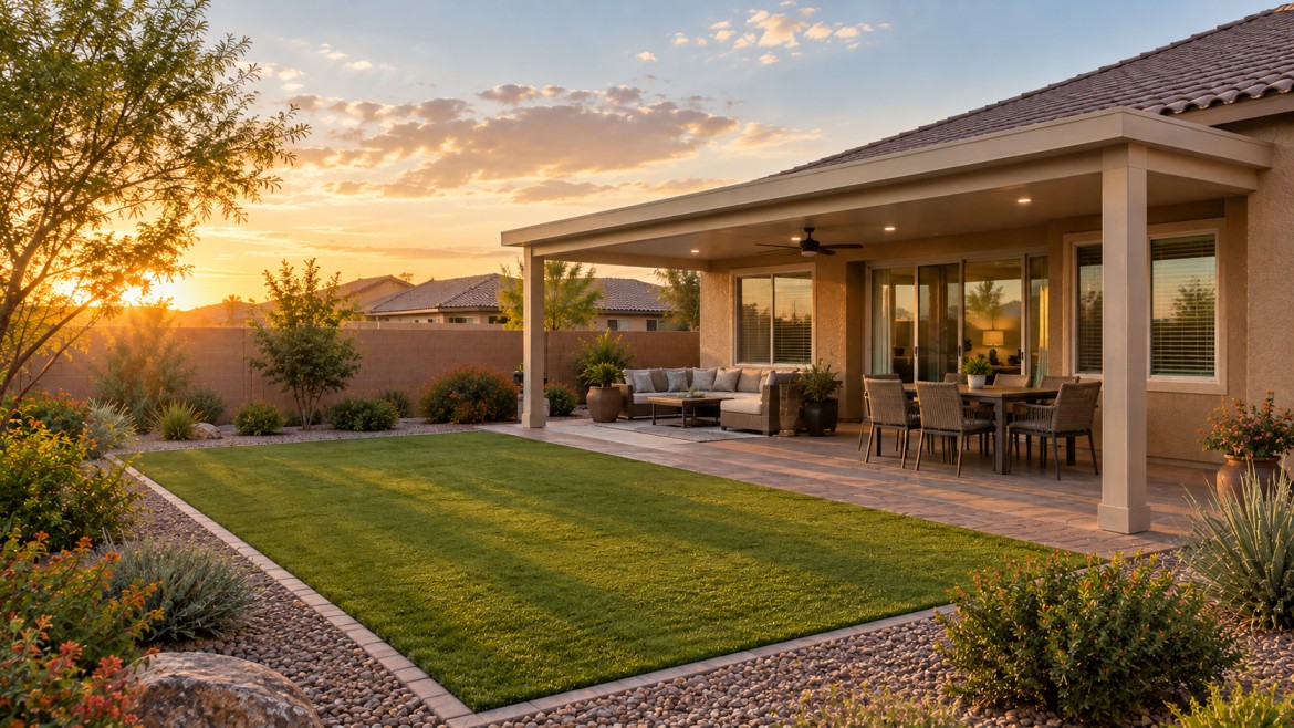 finished aluminum patio cover seamlessly integrated with a tan stucco home in a master-planned neighborhood