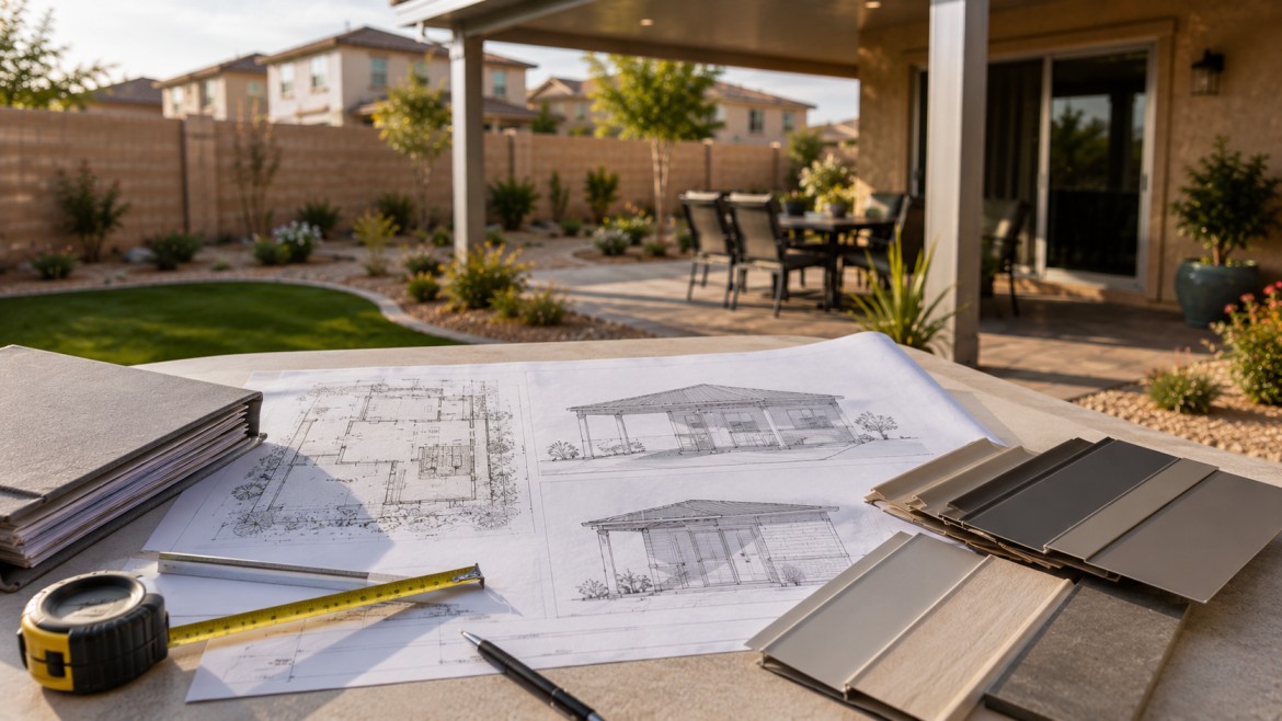 homeowner planning table with revised patio cover elevation drawings