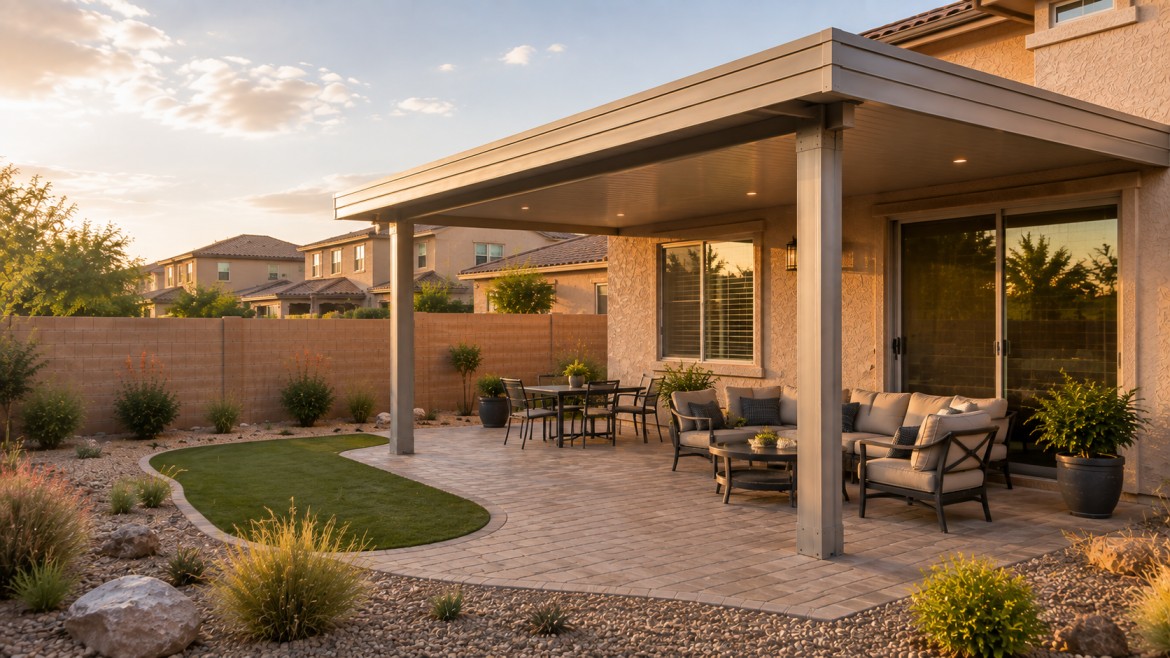 Different patio cover roof styles in an Arizona backyard