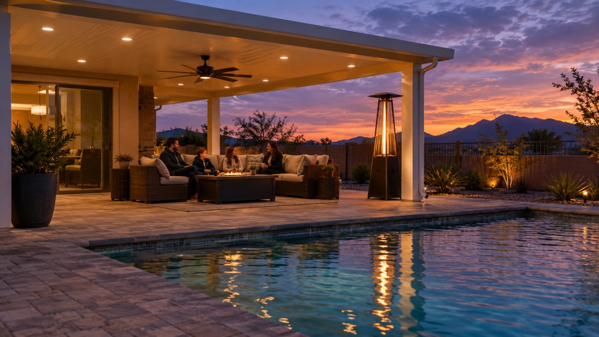 Family enjoying a winter evening under an insulated patio cover with lights and a heater in Gilbert, AZ
