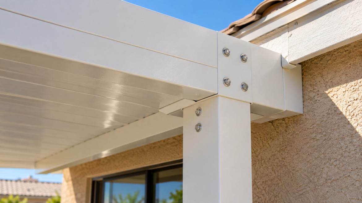 Close-up of a properly fastened aluminum patio cover beam and post connection in Queen Creek, AZ