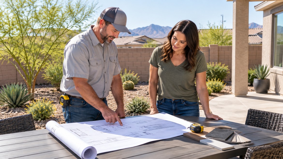Patio cover contractor reviewing permit drawings with a homeowner in a San Tan Valley backyard