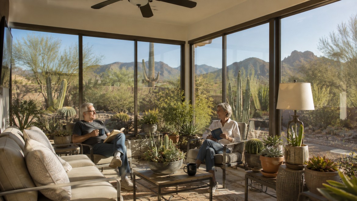 Retired couple reading in a bright sunroom with desert views in Queen Creek, AZ