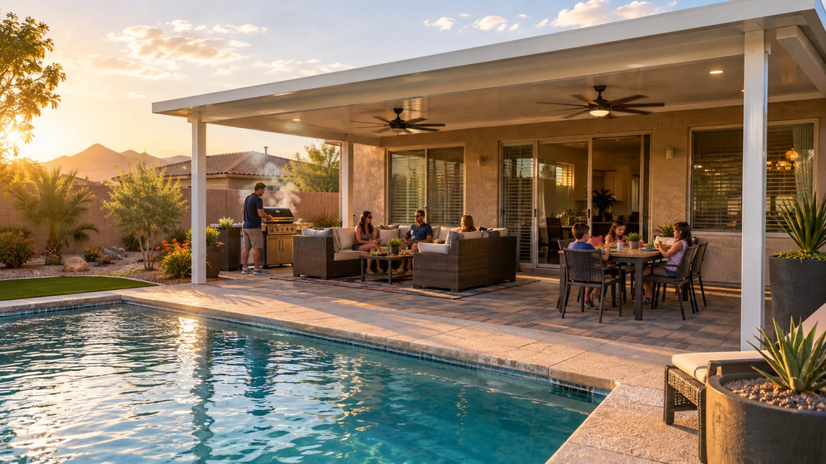Family entertaining under an aluminum patio cover beside a pool in Gilbert, Arizona