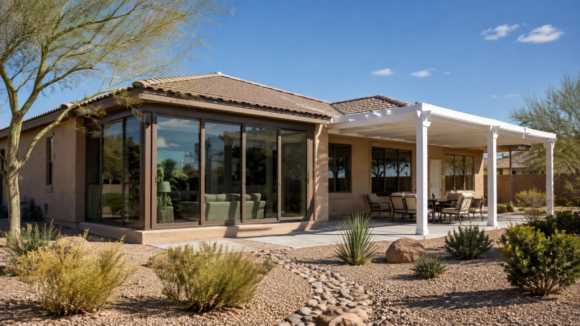 Enclosed sunroom next to an open-sided patio cover on a San Tan Valley home