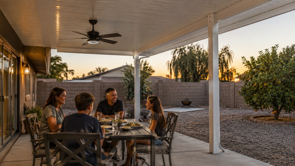 Family dining under a shaded patio cover in a Mesa, AZ backyard