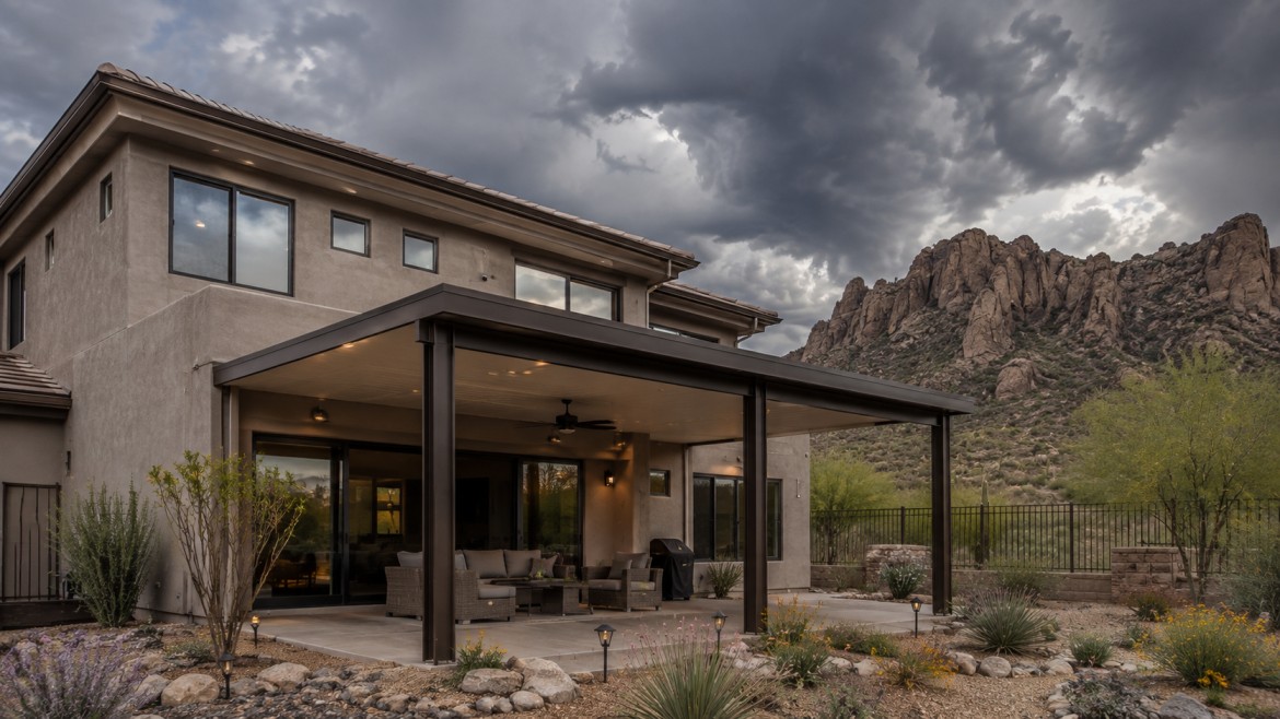 Wind-rated patio cover on an east Mesa home near the Superstition foothills