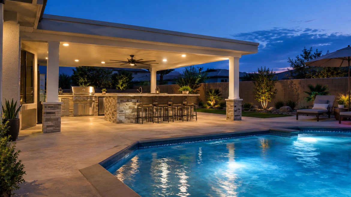 Insulated patio cover with fans and lights over an outdoor kitchen in Chandler, AZ Cover