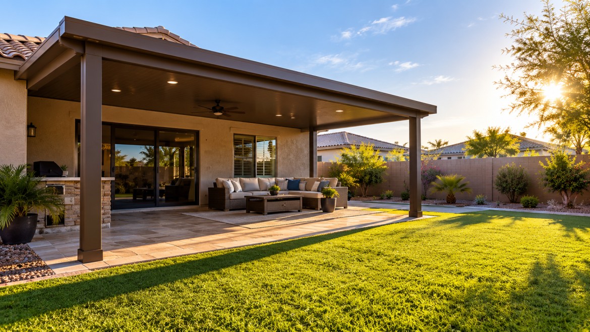 West-facing patio shaded by an aluminum patio cover in a Chandler, AZ backyard