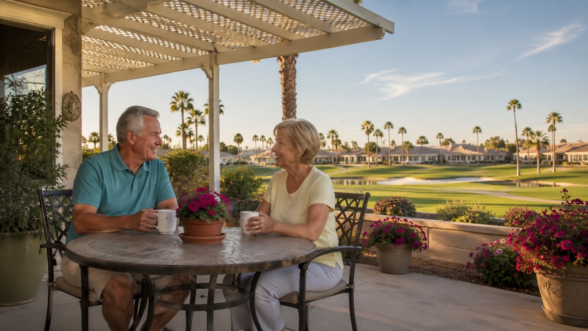 Retired couple enjoying morning coffee under a covered patio in Sun Lakes, Arizona