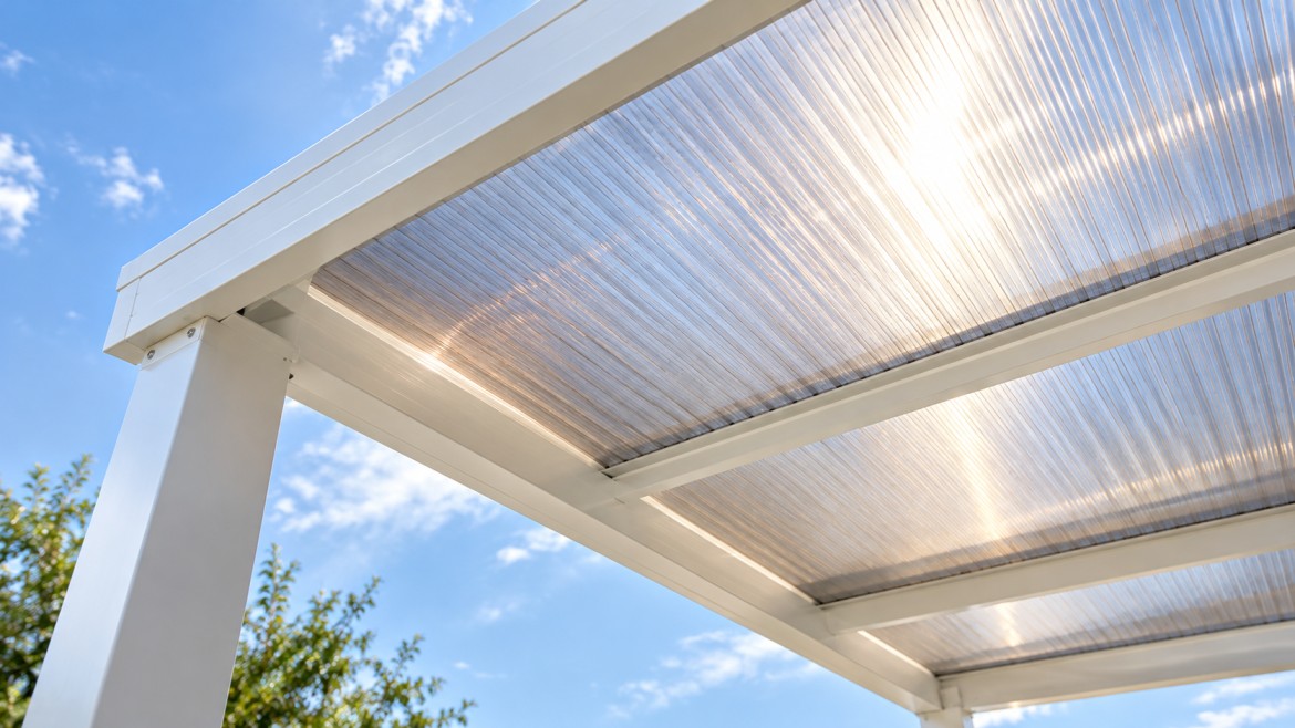 Close-up of translucent multiwall polycarbonate panels on an aluminum patio cover frame