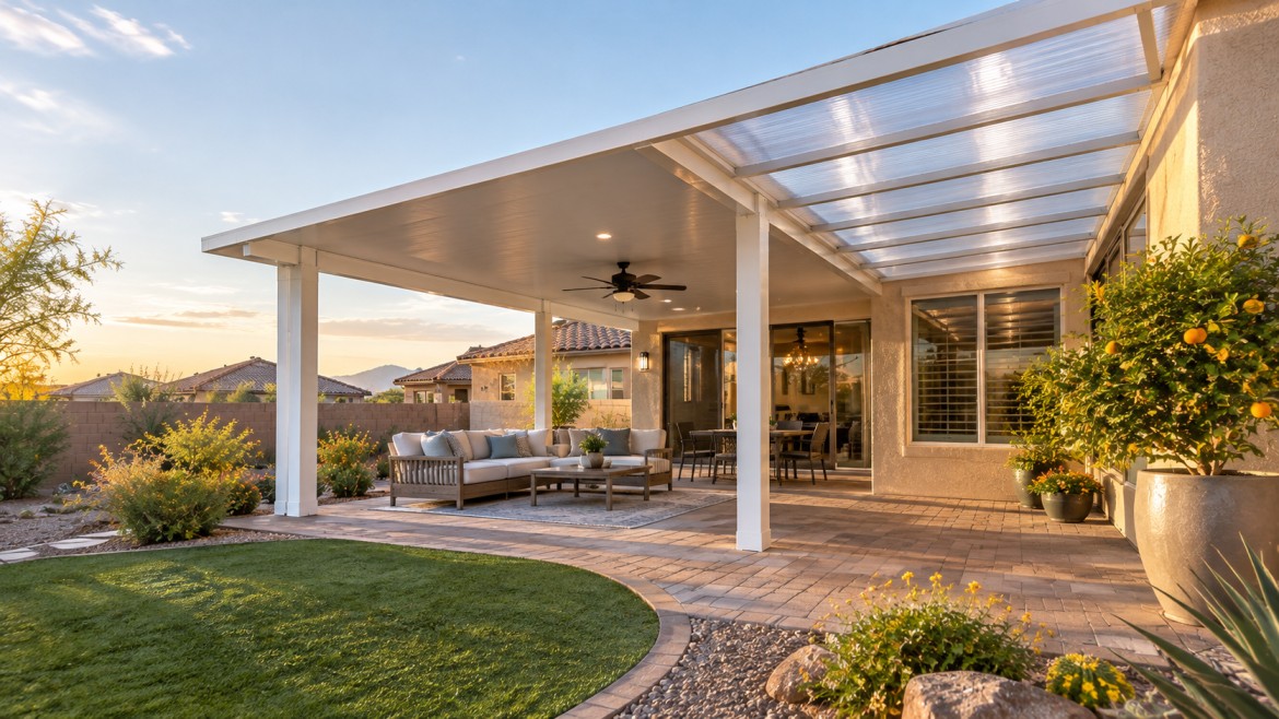 Combination patio cover with solid and polycarbonate sections on a Gilbert, AZ home