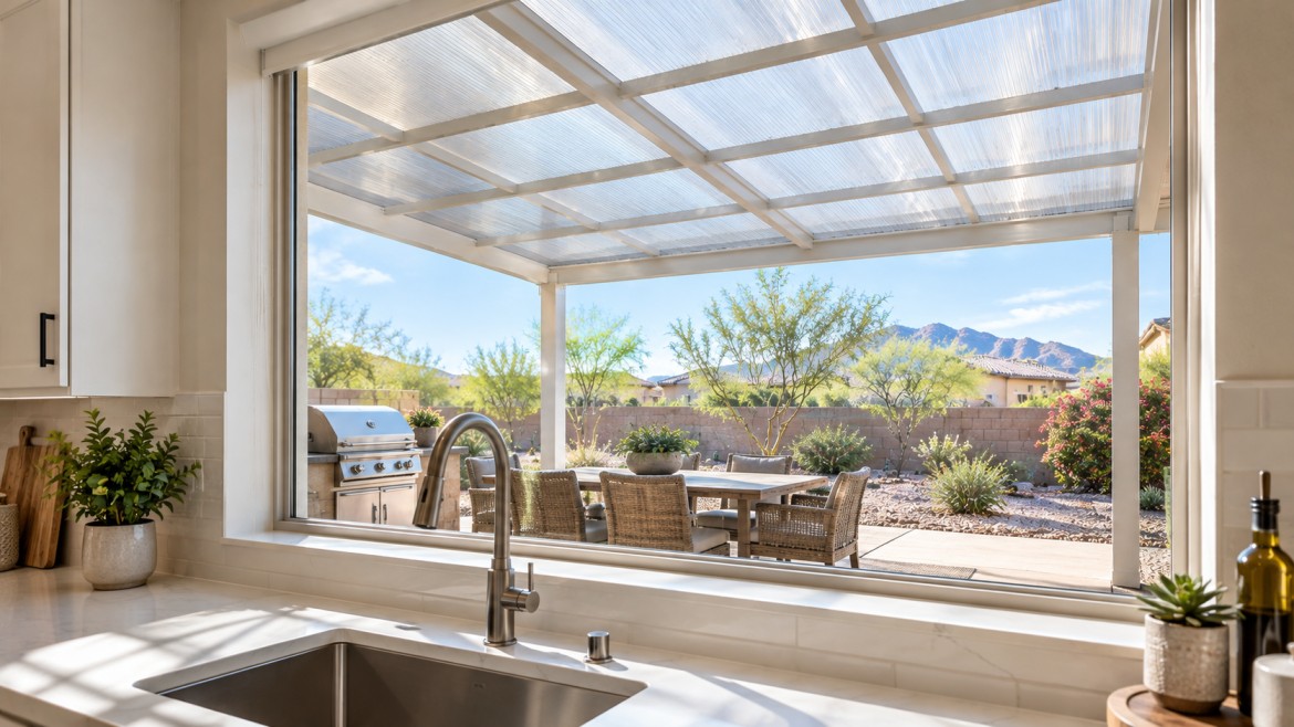 Polycarbonate patio cover keeping a Queen Creek kitchen window bright while sheltering the patio