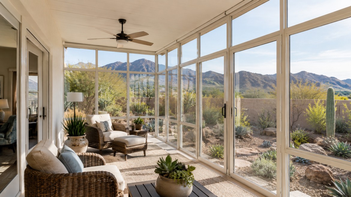 Interior of an Arizona room with seating, plants and desert views in San Tan Valley
